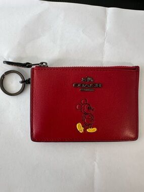 Coach Red Leather Mickey Mouse Zip Card Case Keyring
